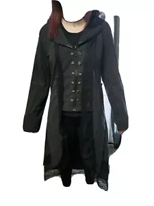 NUOVO Steampunk Goth cappotto lungo colletto pizzo nero trench vampiro donna taglia M - Foto 1 di 12