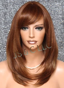 Straight Human Hair blend Heat OK Full Wig Bangs Auburn Red Blonde mix LP 1031 - Picture 1 of 7