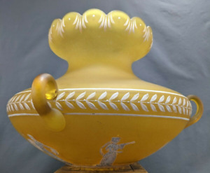 Antique Amber Satin Glass Urn Shaped Shade 3 Handles Painted Roman Figural