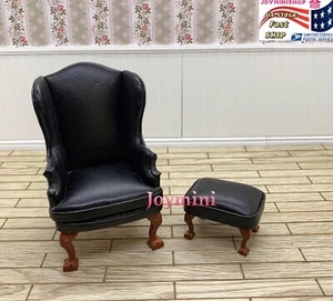 1/12 Dollhouse Miniature 2pcs Black Leather Single Sofa&Ottoman Set Furniture - Picture 1 of 7