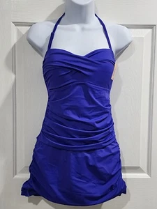 Blue Women's One Piece Bathing Suit Tummy Control Skirt Retro Swimsuit - Picture 1 of 7