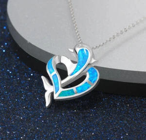 E05 Herz und Delfin aus blauem Feueropal Sterling Silber 925 Anhänger Kette - Bild 1 von 4