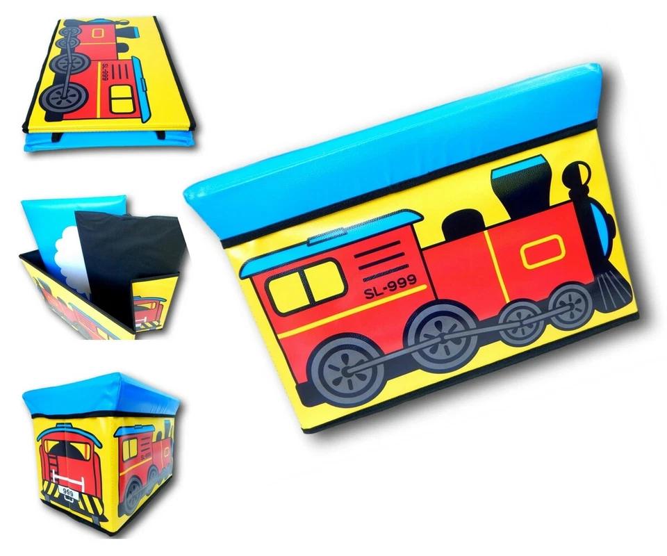 Baú de armazenamento de brinquedos infantis, banco acolchoado de vinil ou otomano -- trem azul amarelo - Imagem 1 de 4