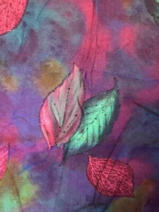 Purple, Green, Blue, Fushia Leaf Motif Vintage Rayon by Sykel 1993. 44”x106” - Picture 1 of 4