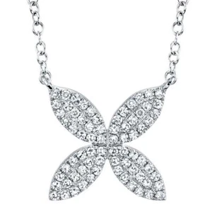 Diamond Flower Necklace Petal Pendant 14K White Gold Pave 0.20CT Natural Womens - Picture 1 of 7