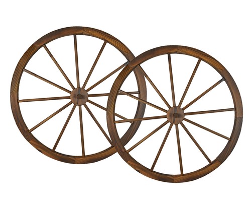 36 in Steel-rimmed Wooden Wagon Wheels - Decorative Wall Decor, Set of Two