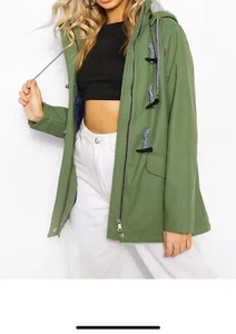 BOOHOO NWT COATED TOGGLE DETAIL HOODED Drawstring RAIN MAC JACKET Women Size L - Picture 1 of 19