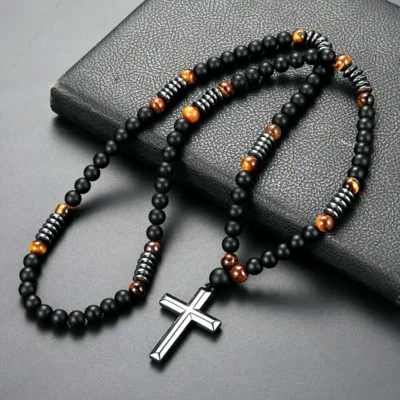 Natural Stone Tiger Eye Round Beads Long Chain Hematite Cross Rosary Beads Men - Image 1 of 4