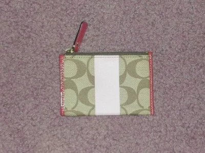 Auténtica Cartera Monedera Coach Caqui/Rosa Heritage Rayas Mini Ajustada-¡NUEVA CON ETIQUETAS! Foto 1 de 3