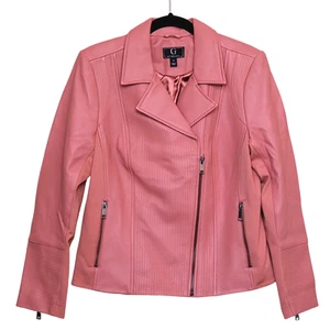 G by Giuliana Jacket Womens Medium Pink Faux Leather Moto Biker Asymmetrical Zip - Picture 1 of 11