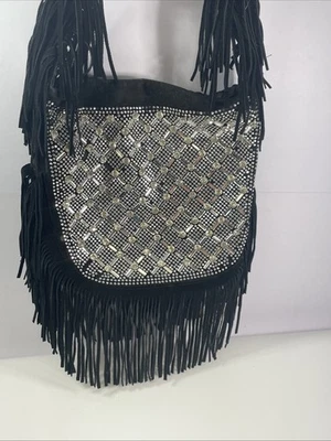 Vintage Black Purse Women’s Bag Hippie Rhinestones Medium Shoulder Strap - Image 1 of 4