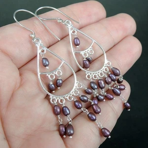 925 Sterling Silver Purple Dyed Pearl Chandelier Earrings Jewellery - Picture 1 of 5