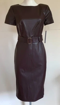 Calvin Klein Dress Sheath Brown Short Sleeve Faux Leather Tie Waist  Size 6 NWT - Image 1 of 4