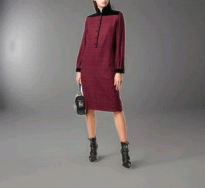 Vintage 80s Ungaro Robe Femme Laine Tweed Bourgogne Inserts Velours Noir US 10 - Photo 1/6