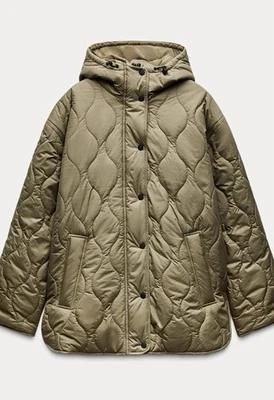 ZARA HOODED PUFFER JACKET. LIGHT KHAKI. SIZE XS - Image 1 of 4