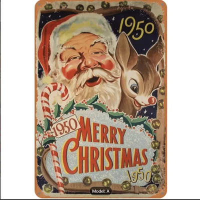 Letrero retro de metal Santa Rodolfo 1950 Feliz Navidad estilo vintage Foto 1 de 4