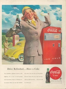 1948 Caca Cola Soda Drink Vending Machine Glass Bottles Car Pretty Lady Print Ad - Picture 1 of 1