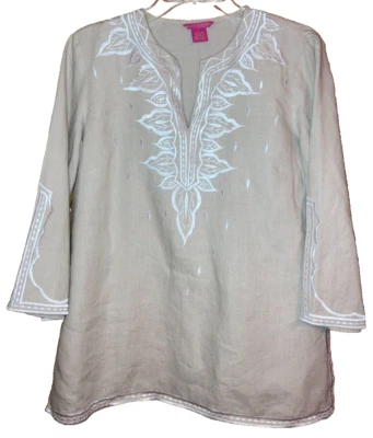 Túnica Sunny Leigh Talla L 100% Lino Beige Bordada Playa Cuello en V Manga 3/4 Foto 1 de 4