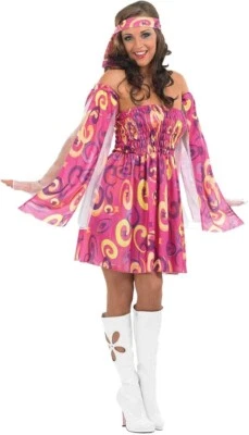 Women`s Pink Hippie Costume 60s 70s Ladies Gogo Girl Hippy Fancy Dress S - XXL - Image 1 of 4
