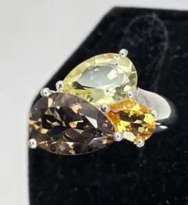 Michelle Albala 925 Sterling Silver Smoky Quartz Citrine Peridot Ring Sz 7.25 - Picture 1 of 11