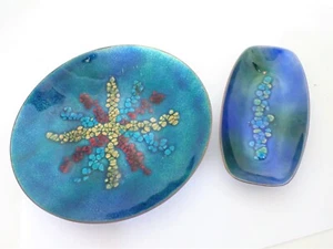 Lot of 2 Vintage MCM Blue Enamel On Copper Plates By Bovano Of Cheshire - Picture 1 of 6