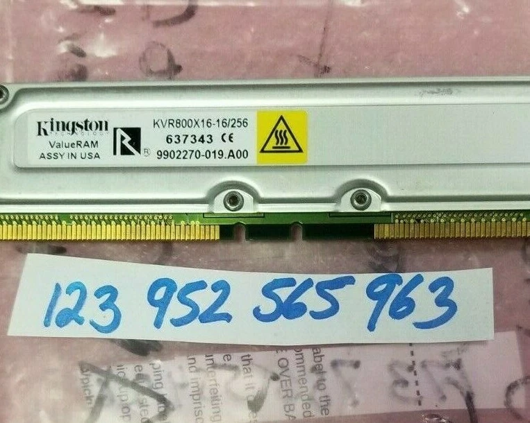  256MB 184-Pin RDRAM (16bit) PC 800 2.5VOLT  System Memory Model DUAL RANK 16X8  - Image 1 of 1