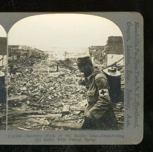 Antique WWI Stereoview Card 3D Red Cross - Sanitary Work of the Battle Spraying - Picture 1 of 3