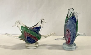 Vintage 80’s Pair Italy Lavorazione Arte Murano Glass Penguins & Birds Figurines - Picture 1 of 9