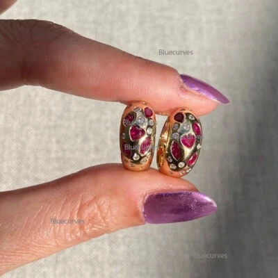 Natural Heart, Marquise Ruby & Diamond Flush Set Dome Hoops Earrings 14k Gold - Image 1 of 4