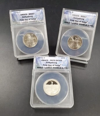 3 COIN Set 2010 P D S Quarter 25c Gettysburg First Day Issue ANACS MS67 PF70 ATB - Image 1 of 2