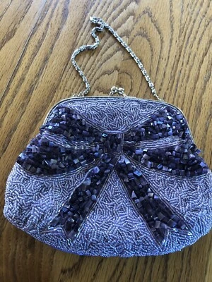 Ingra Pel Purple Satin Beaded Evening Purse Amethyst Beads Bow on Front - Image 1 of 4