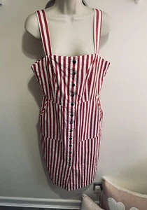 NWOT FOREVER 21 denim dress light red striped buttons ⭐️ L (12) Straps Cotton - Picture 1 of 8
