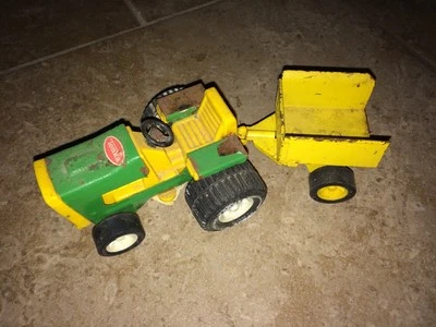 VINTAGE TONKA Mini LAWN TRACTOR WITH ATTACHED TRAILER/WAGON Yellow & Green - Image 1 of 4