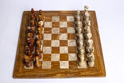 White & Brown Marble Handmade Decor Chess Board Tournament Game Set 16" x 16" - Image 1 of 4
