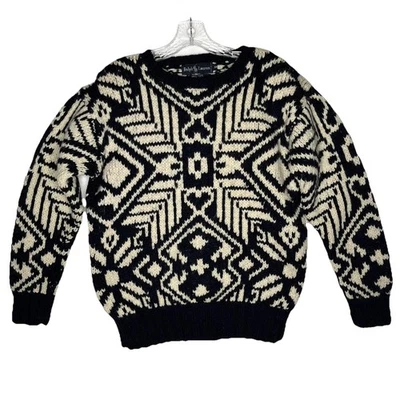 Vintage Ralph Lauren Mens 100% Wool Sweater Medium 80's Nordic Navy Beige Aztec - Image 1 of 4