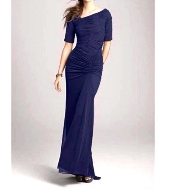 Tadashi Shoji Navy Blue Mesh Ruched Gown Small Maxi Dress Formal Cocktail - Image 1 of 4