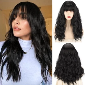 Black Wig with Bangs 18 Inch Medium Length Wavy Wig for Women Synthetic Natur... - Bild 1 von 7