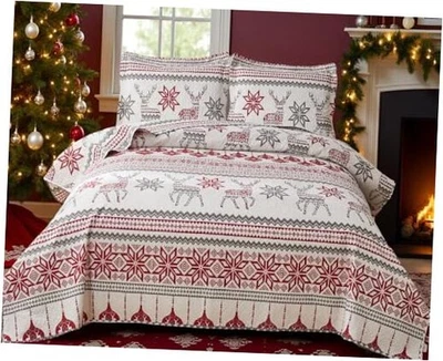  Juego de edredón de Navidad tamaño 3 piezas colcha de Navidad cubrecama king blanco gris rojo Foto 1 de 4