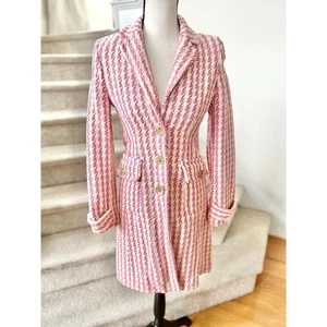 Vintage Y2K Banana Republic Pink & Cream Houndstooth Fitted Trench Pea Coat - Bild 1 von 7