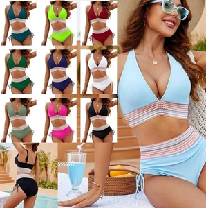 5XL Womens High Waisted Bikini Sets Tummy Control 2Piece Color Block Swimsuits - Picture 1 of 26