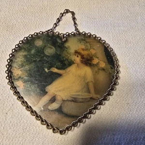 Vintage Victorian Girl Blowing Bubbles Heart Wall Hanging Plaque Brass Chain... - Picture 1 of 2