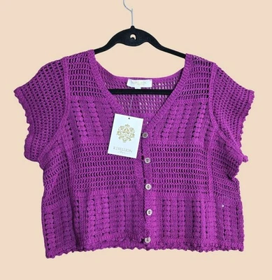 Cárdigan de ganchillo Rebellion para mujer talla grande púrpura botón delantero manga corta  Foto 1 de 4