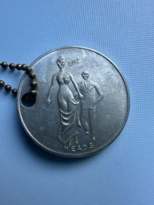 VINTAGE RISQUE ADULT HEADS OR TAILS COIN KEYCHAIN, ALUMINUM - Picture 1 of 7