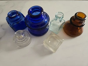 Antique Old Primitive Lot Of 6 Ink Bottles Inkwells Cobalt Barrell Amber Cone - Picture 1 of 7
