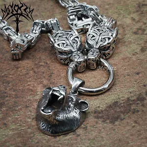 Mens Stainless Steel Heavy Wolf Viking Grizzly Bear Head Hammer Pendant Necklace - Picture 1 of 6