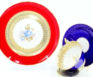 Juego de platos platillos taza de té azul oro rosa AYNSLEY - Imagen 1 de 8