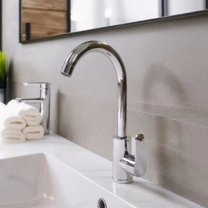 13.4in Matte Black / Chrome Bathroom Kitchen Swivel Single Handle Sink Mixer Tap - Picture 1 of 16