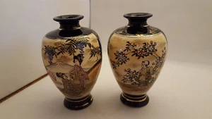 2 Antique Kinkozan Satsuma Matching Cobalt Gold Decorated Vases 5" Tall - Picture 1 of 3