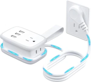 Travel Flat Plug Power Strip with 2 Outlets 3 USB 3FT Short Extension Cord - Picture 1 of 7