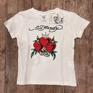 Ed Hardy Kids 3 Hearts with Rhinestones On White T-Shirt Sz4 - Picture 1 of 7